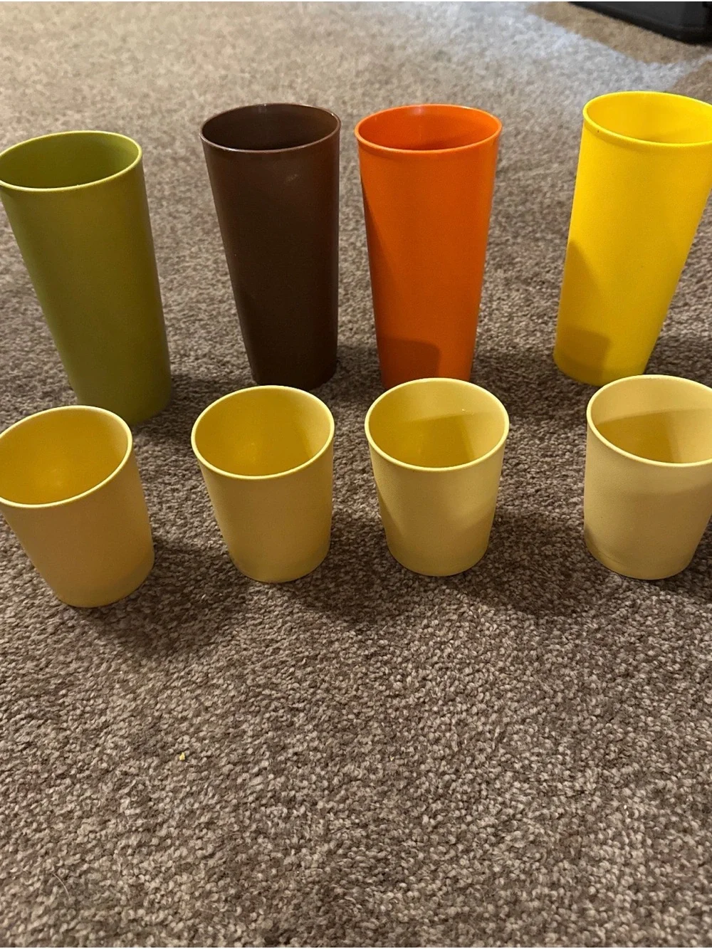 Vintage, Assorted Plastic Tumblers and Cups - Yellow, Orange, Green, Brown